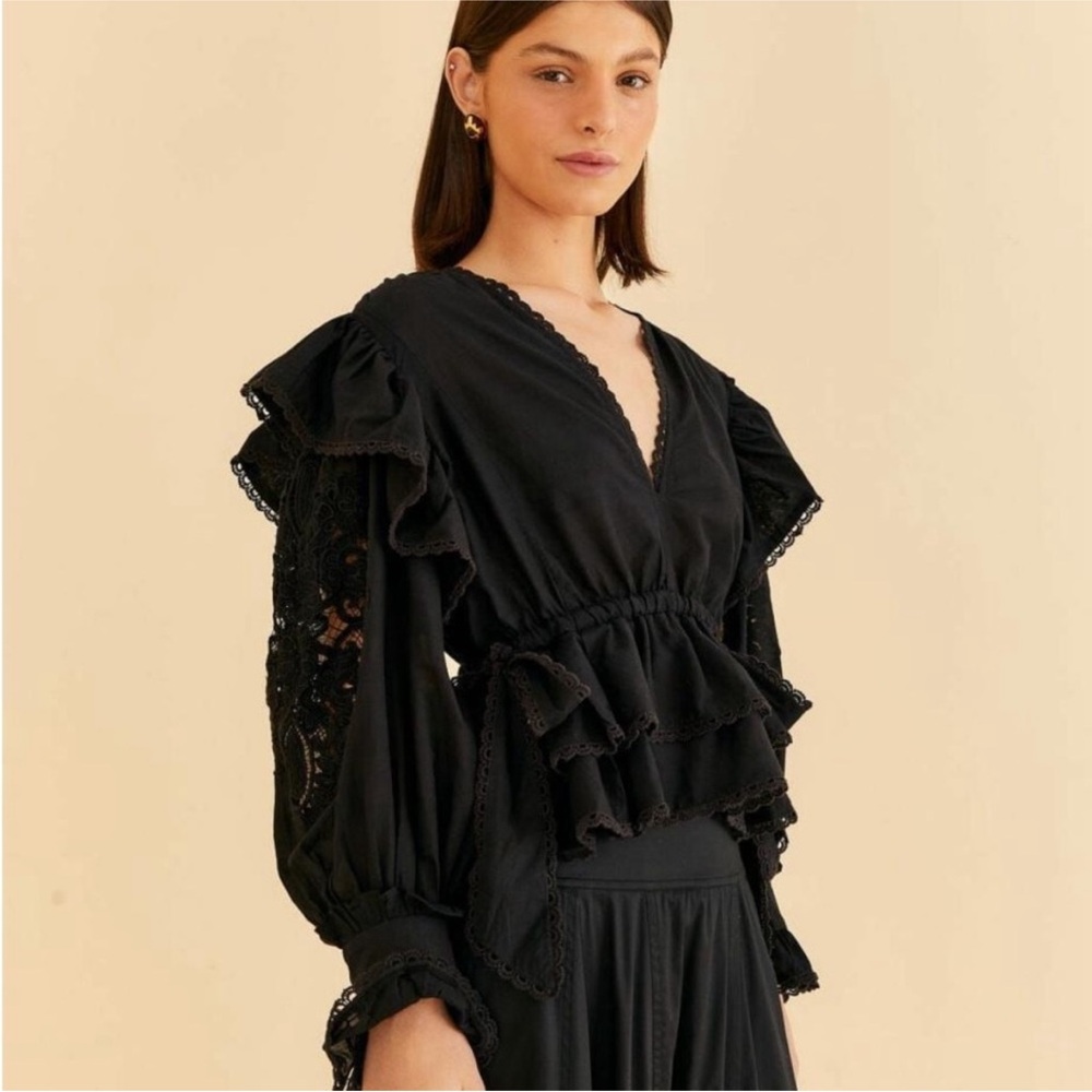 FARM Rio Black Lace Ruffle Blouse